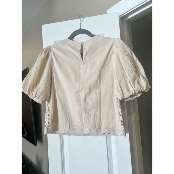 Anniewear Beige Puff Sleeve Crochet Overlay Top With Sequins Womens S - Picture 2 of 7